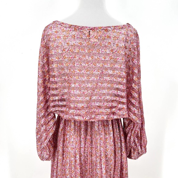 Vintage 80s Dress Womens Small Pink Sheer Striped 3/4 Sleeve Midi Tiny Floral - Picture 4 of 16